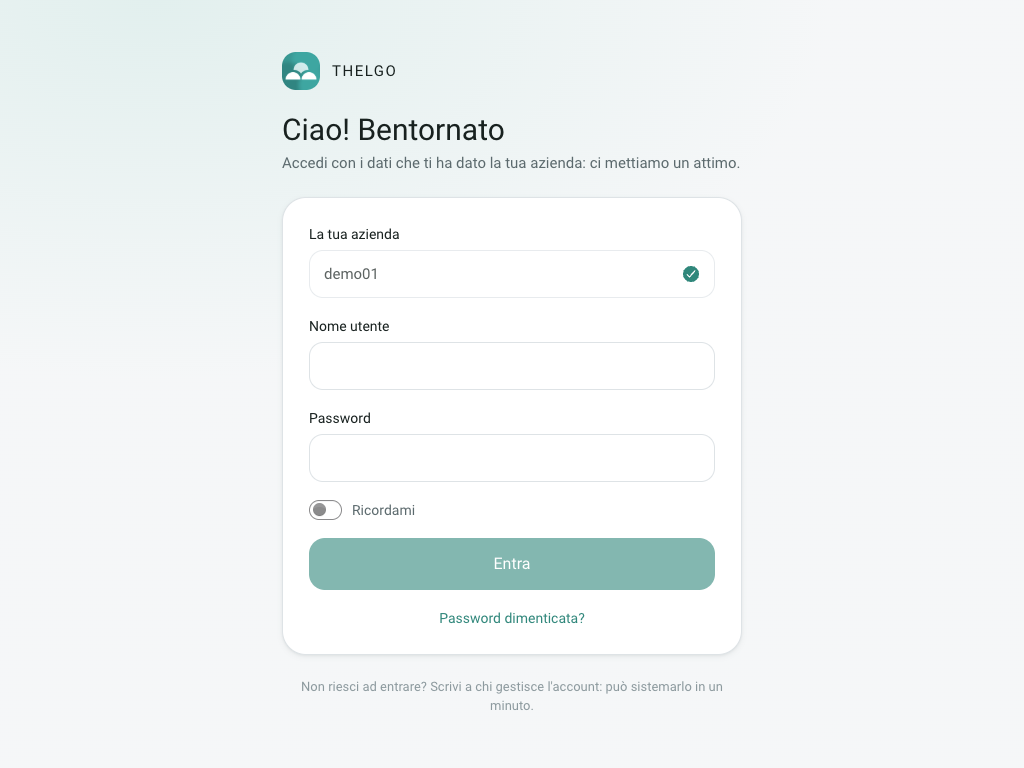 Schermata di accesso di Thelgo con i campi La tua azienda, Nome utente e Password