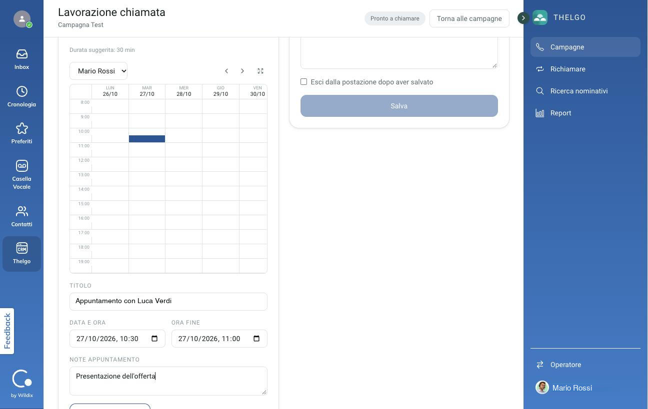 La sezione Fissa appuntamento con il selettore dell'agente, la griglia settimanale con uno slot selezionato e i campi Titolo, Data e ora, Ora fine e Note appuntamento
