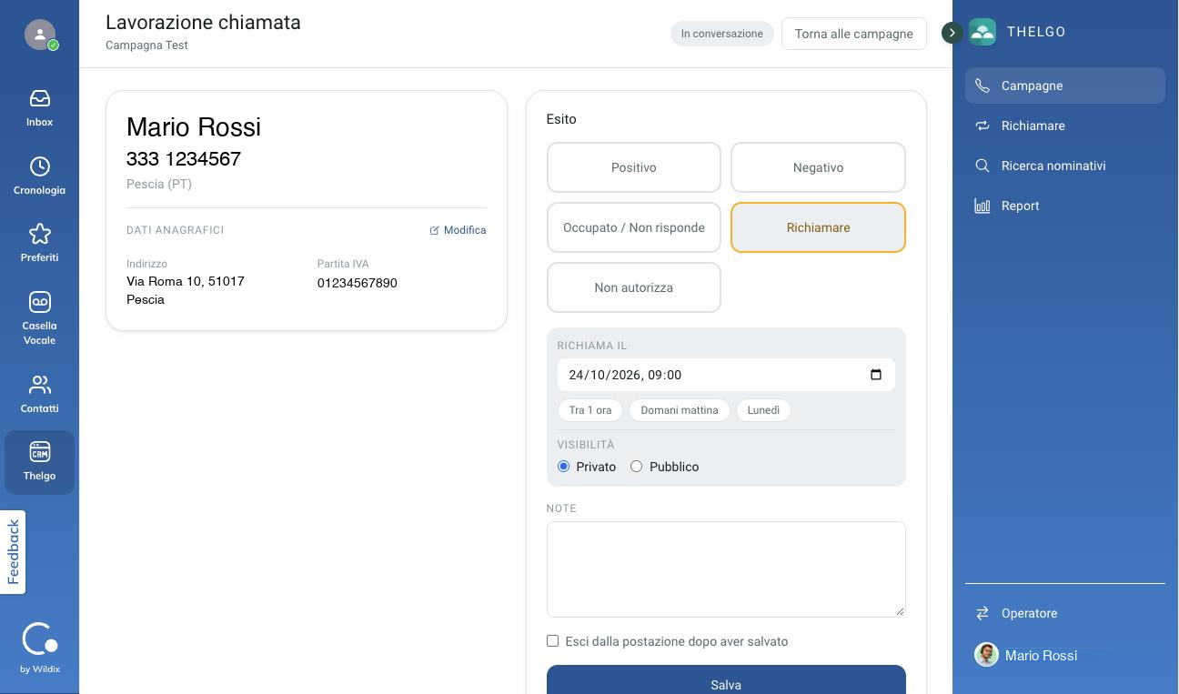 Il pannello Esito con Richiamare selezionato, la data del richiamo, le scorciatoie e la scelta Privato o Pubblico