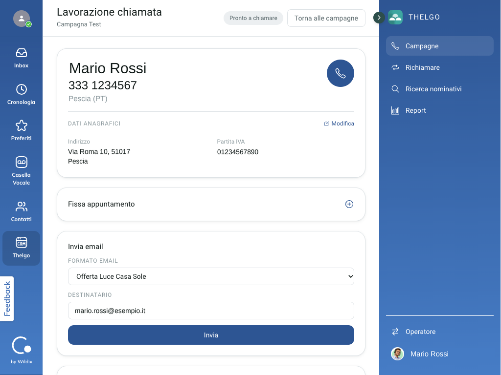La sezione Invia email nella scheda del nominativo, con un formato email selezionato, il campo Destinatario e il pulsante Invia