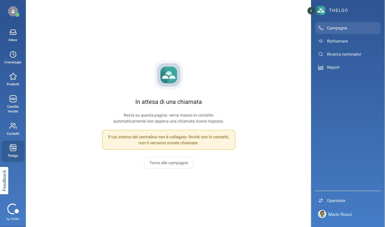 La pagina In attesa di una chiamata con il logo, il messaggio di attesa e il pulsante Torna alle campagne