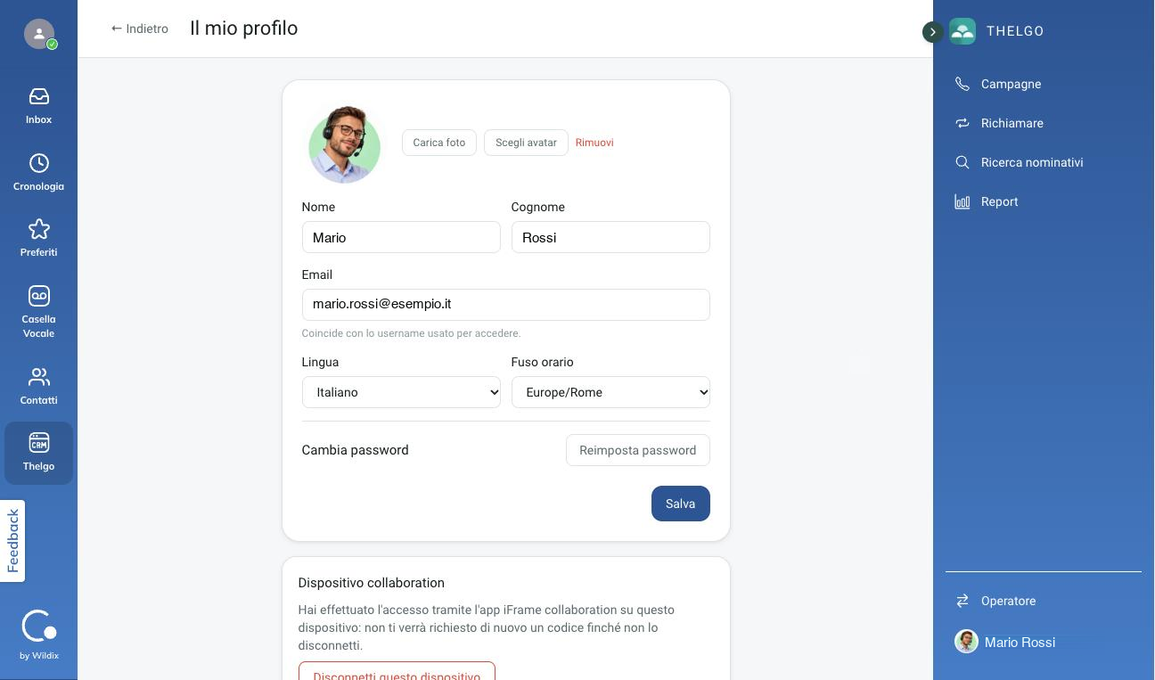 La pagina Il mio profilo con foto, nome, cognome, email, lingua, fuso orario e Reimposta password